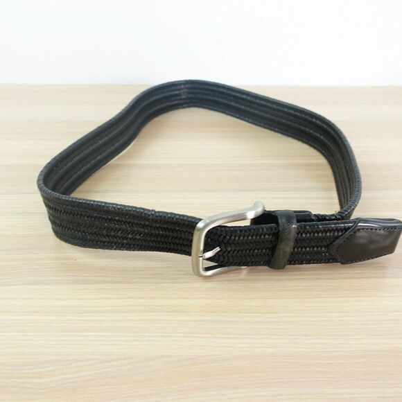 Webbed belt men Black 36 Genuine Leather Silver Buckle Casual Work‎ Dress ITALY - Picture 1 of 13